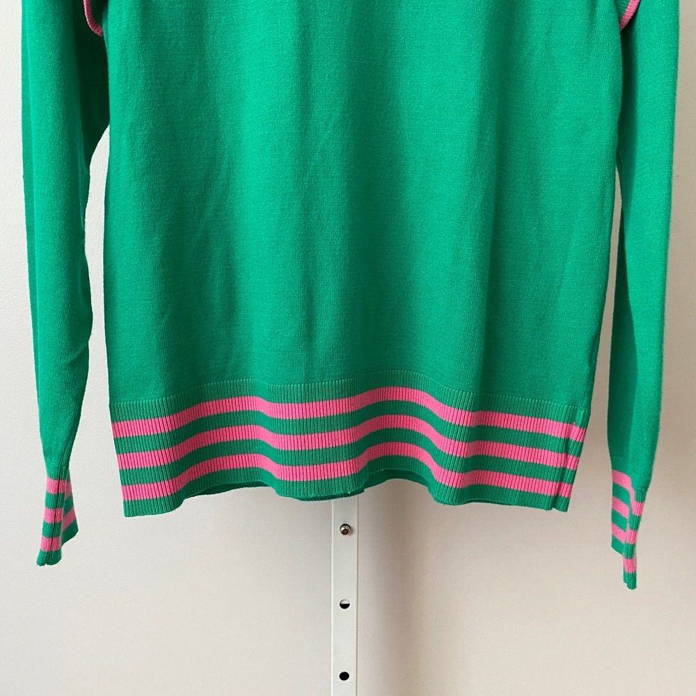 THML Small Green Pink Ruffle Shoulder Striped Trim Long Sleeve Knit Sweater - Picture 3 of 6